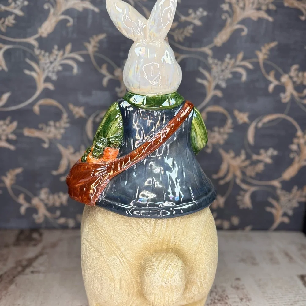 Vintage Style Ceramic Easter Bunny Figurine Gentleman Rabbit w/ Carrot Satchel